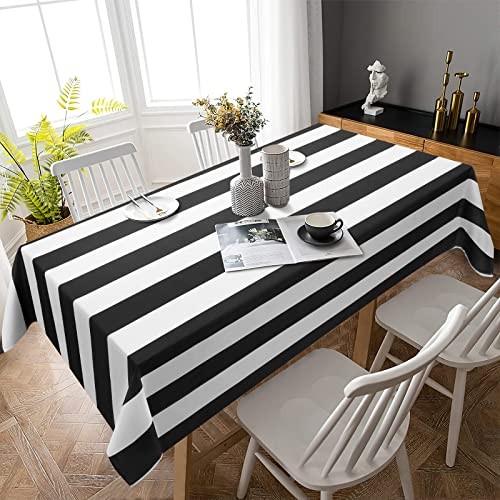 and White Striped Tablecloth for Rectangle 84" x 60" (Rectangular) Black