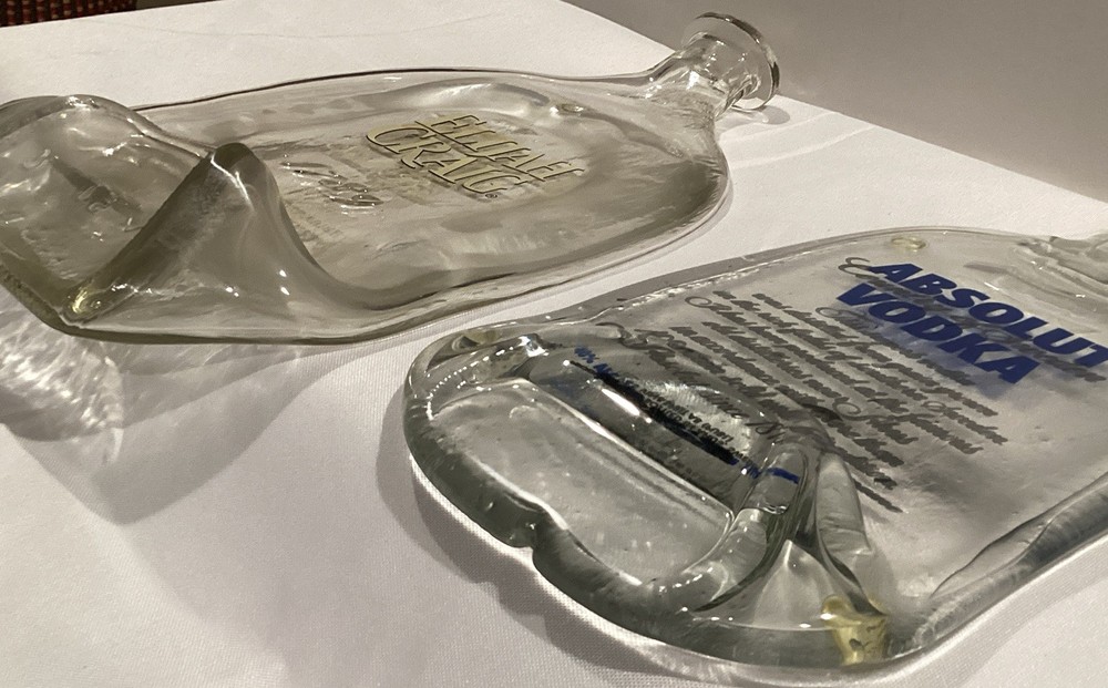 2 Melted/Slumped /Flattened bottle trays - ABSOLUTE VODKA/ELIJAH CRAIG BOURBON