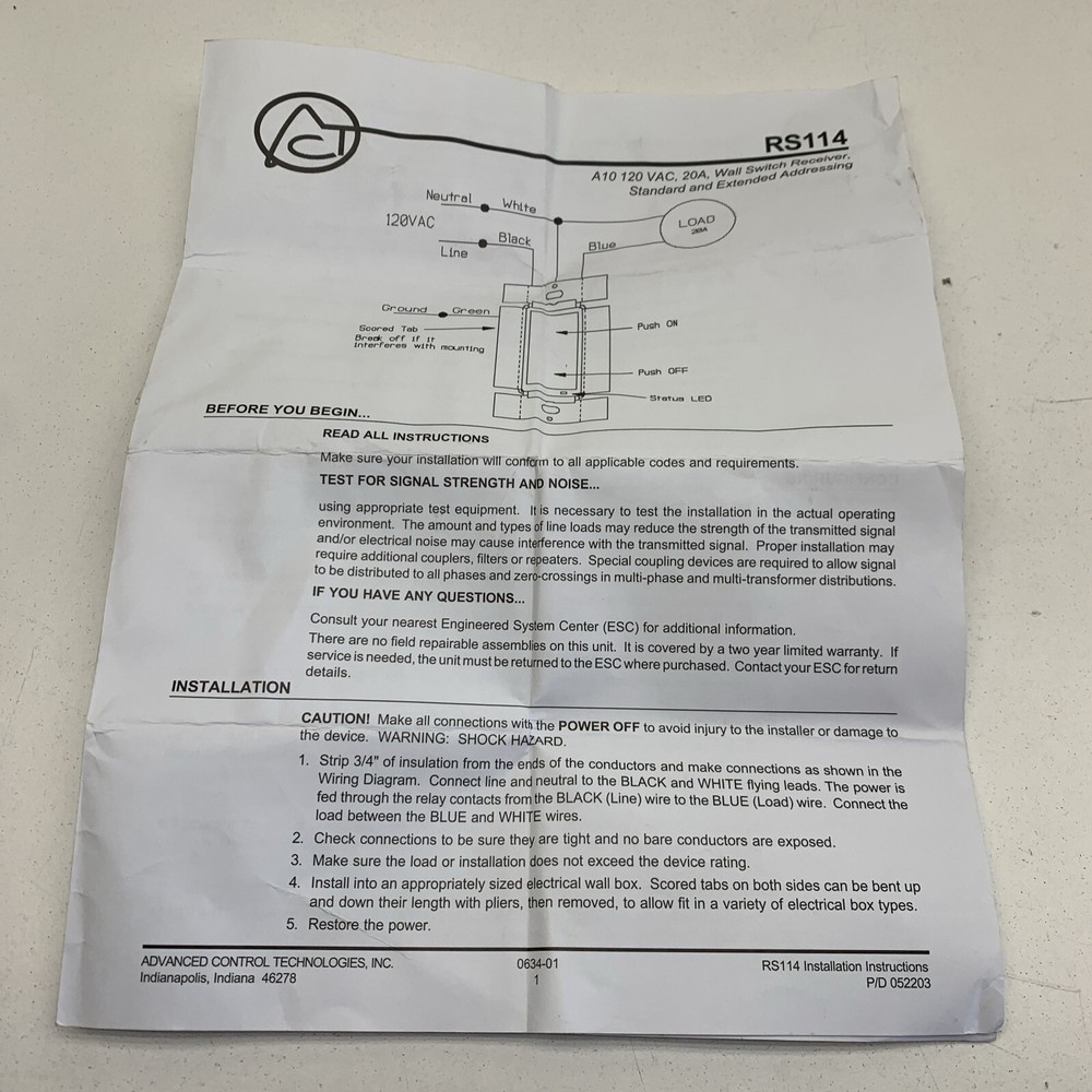 Advanced Control Technologies RS114W A10 Wall Light Switch 20A 960W 120V White