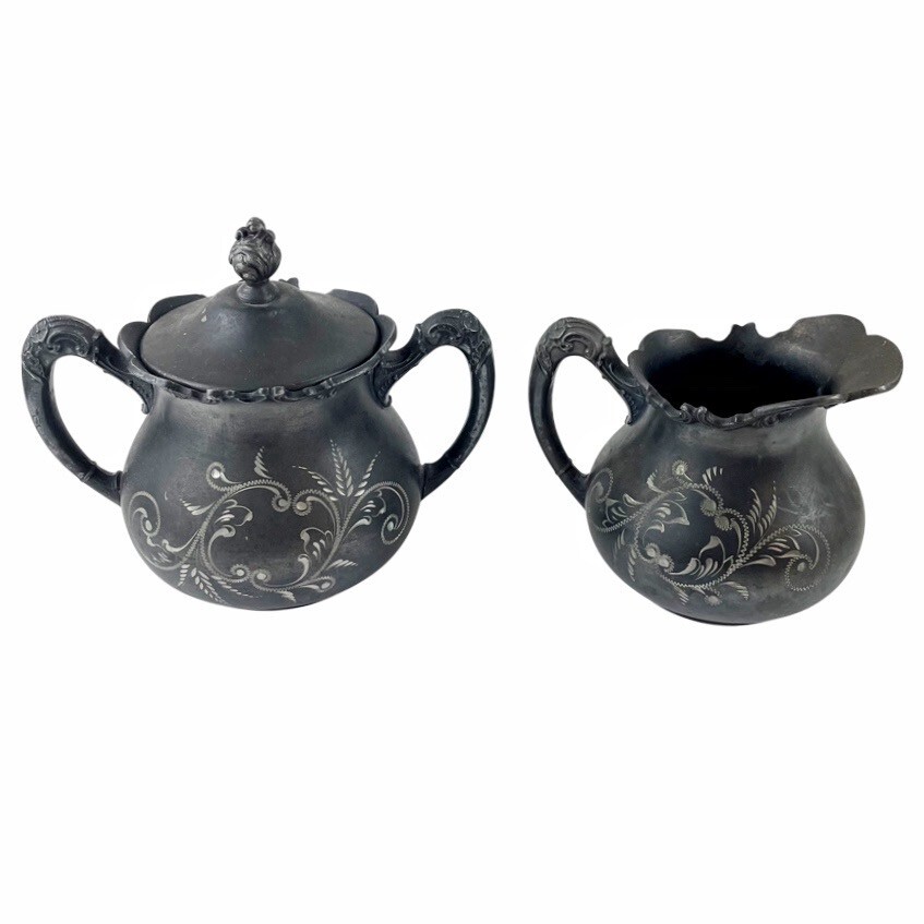 Antique Quadruple Silver Plate Sugar & Creamer Set Lidded Benedict Scroll Etched