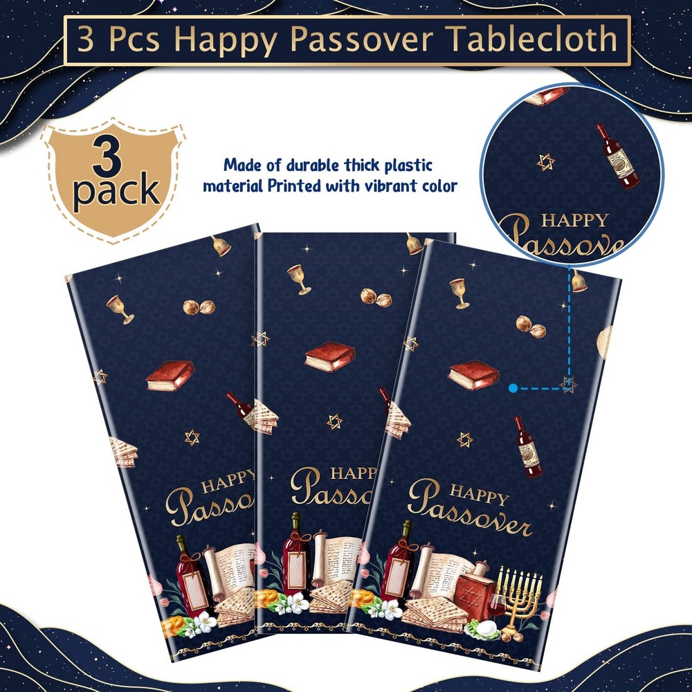 3Pack Happy Passover Tablecloth,Plastic Disposable Passover Tablecloth,Rectan...