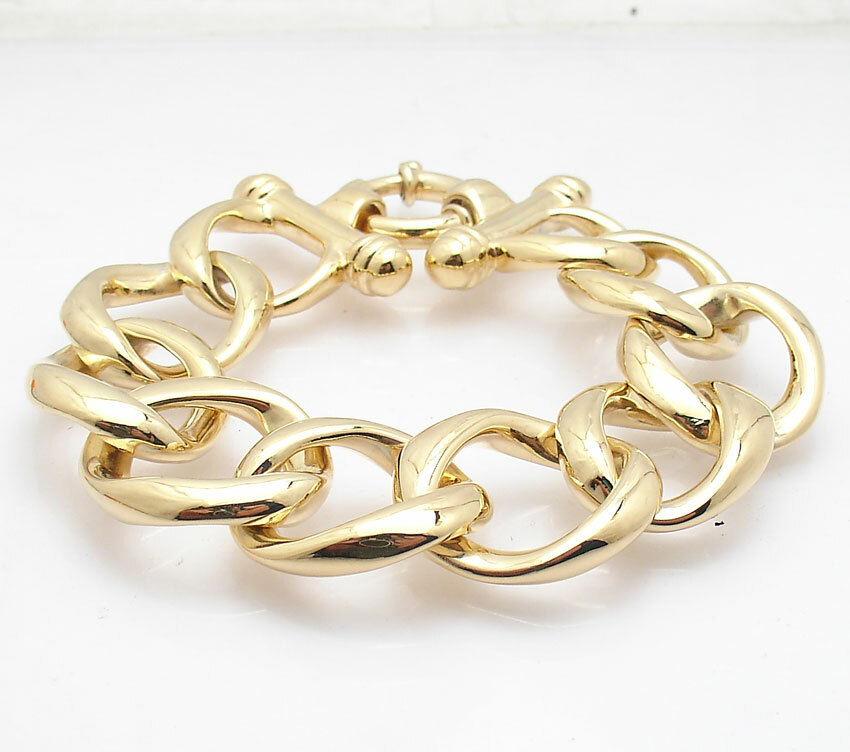 8" Bellezza Bold Open Curb Wavy Link Bracelet Toggle Clasp Solid Yellow Bronze