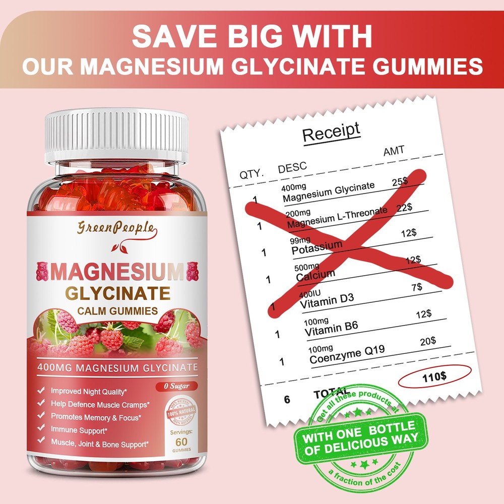 Magnesium Glycinate Gummies Support Sleep & Brain Raspberry Flavor 0-Sugar