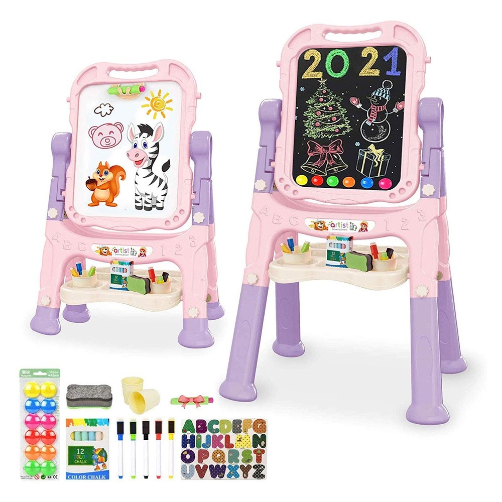 Mojitodon Art Easel for Kids, Adjustable Standing Rotatable Double Sided Pink