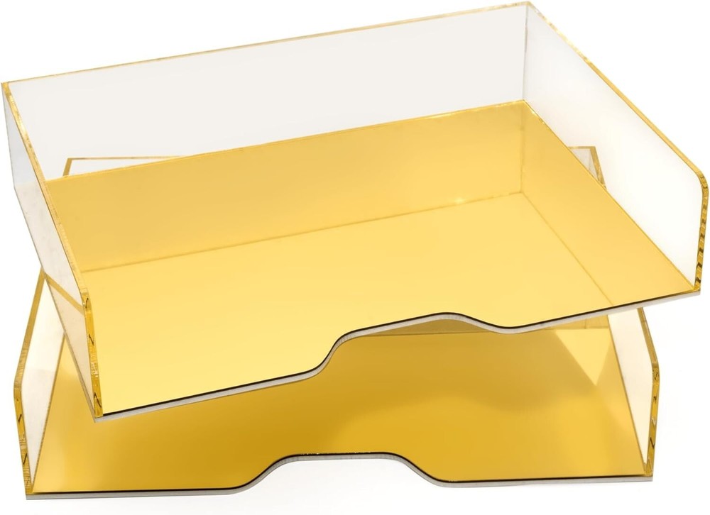 Gold Mirror 2 Pack - Acrylic Stackable Mirror Letter Tray, Clear Paper Organizer