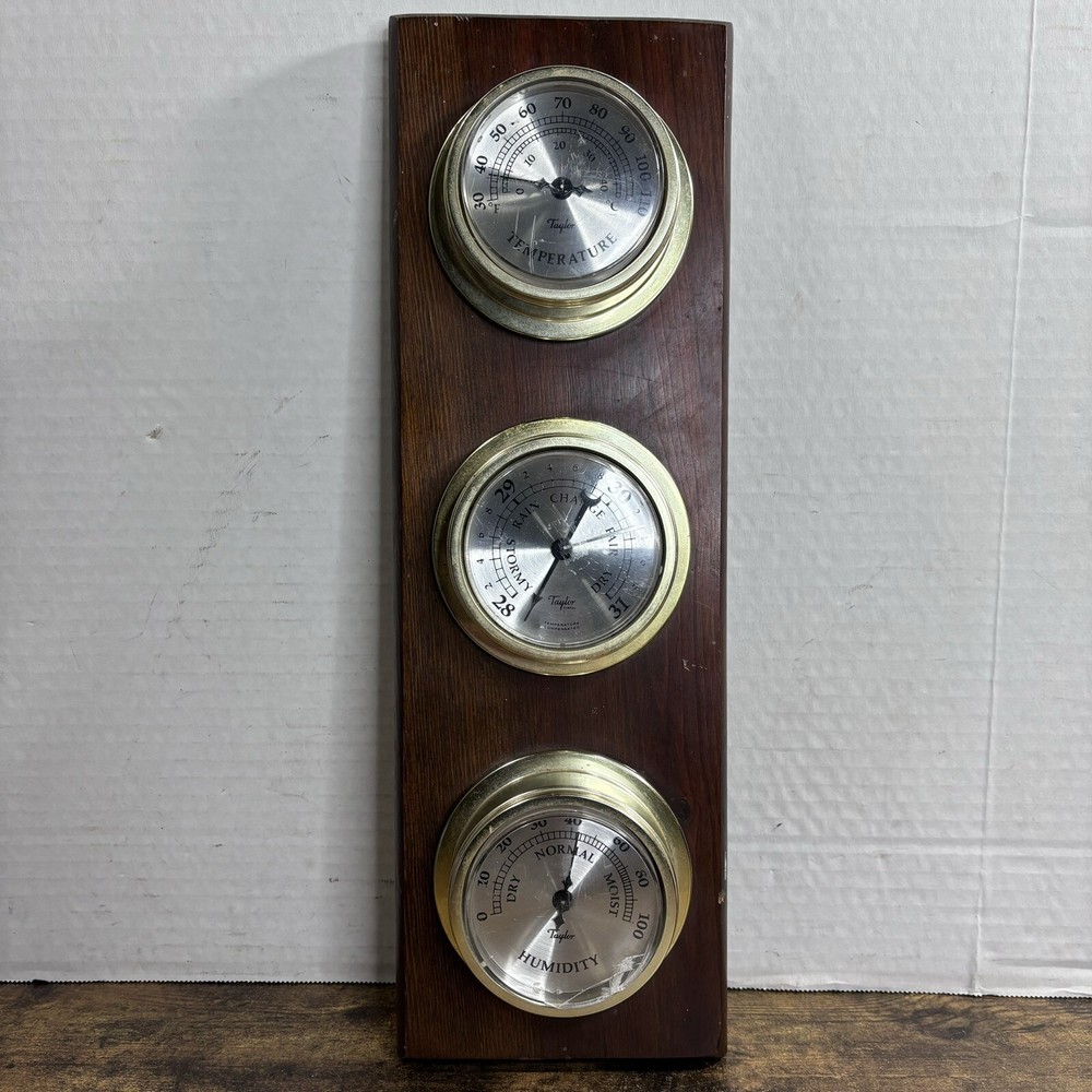 Vintage Taylor Thermometer Hygrometer Weather Station Combo On Solid Oak Panel