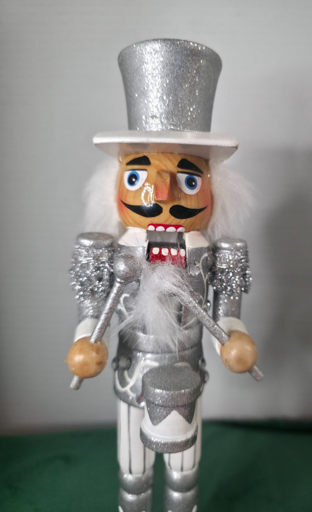 Silver & White Drummer Nutcracker – 10" – Glitter & Rhinestones – Boxed
