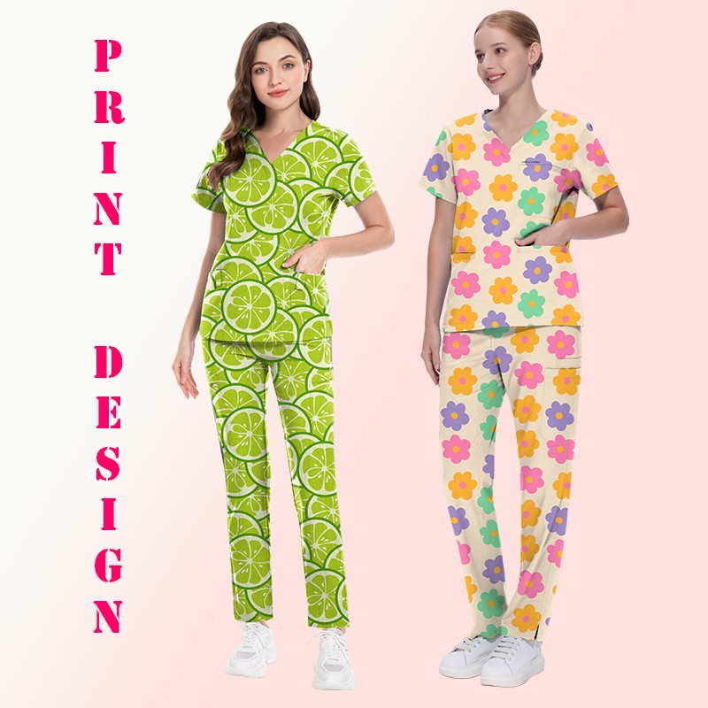 Custom Women's V-Neck Print Scrubs & Drawstring Pants - Wholesale Set