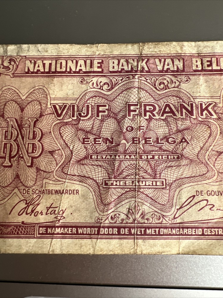 1943 Belgium 5 Francs Banknote Circ