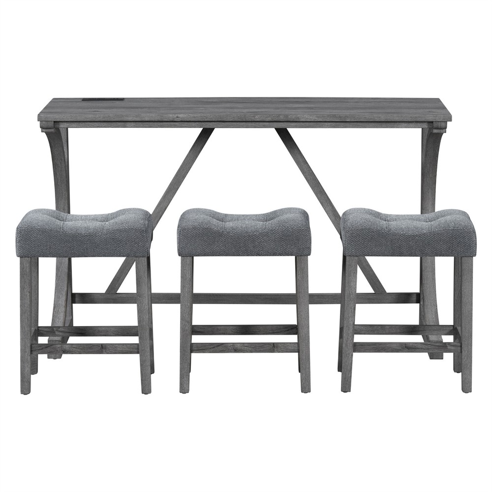 4 Piece Bar Table Set Dining Kitchen Table with 3 Stools and Power Outlet