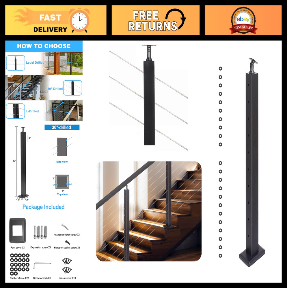 36" Adjustable Stainless Steel Stair Post for Cable Railing System - 30° Angle,