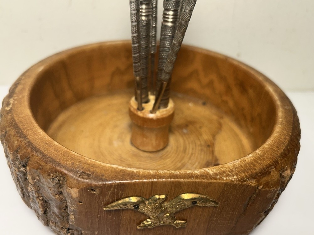 Vintage Nut Bowl With Live Edge Includes Nut Cracker & 2 Picks Eagle Accent