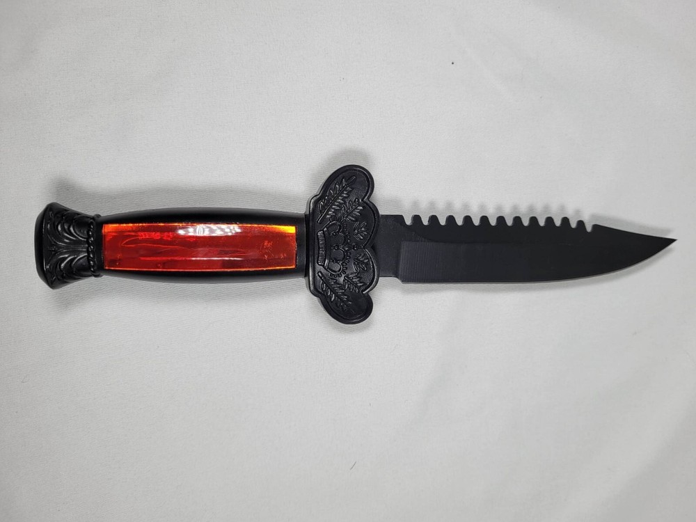 11" Fixed Blade BOWIE KNIFE w/ Decorative Red & Black Handle, Black Blade NIB