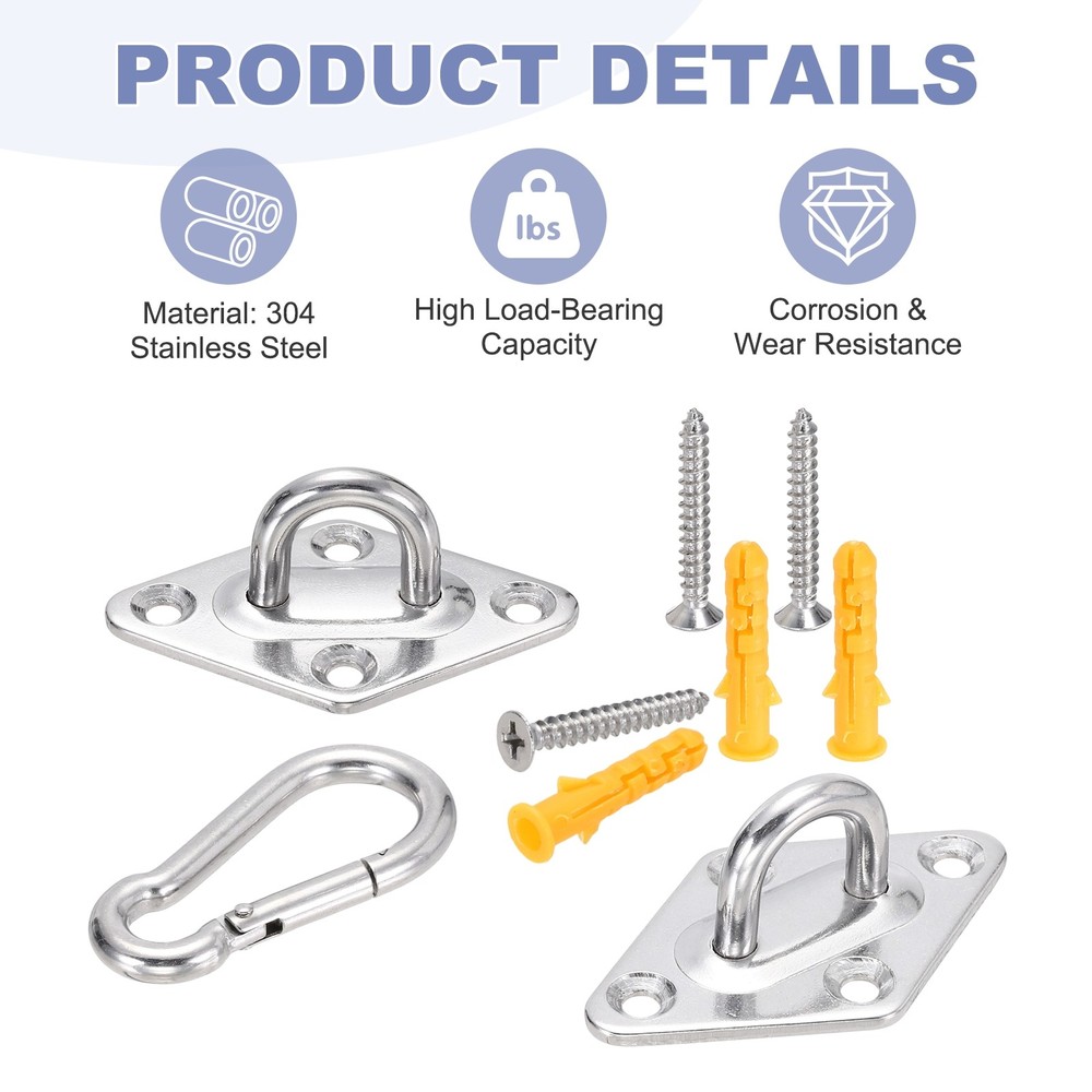 2Set M8 Eyelet Bracket Set Diamond Shaped Hook Plate and Hook, Silver