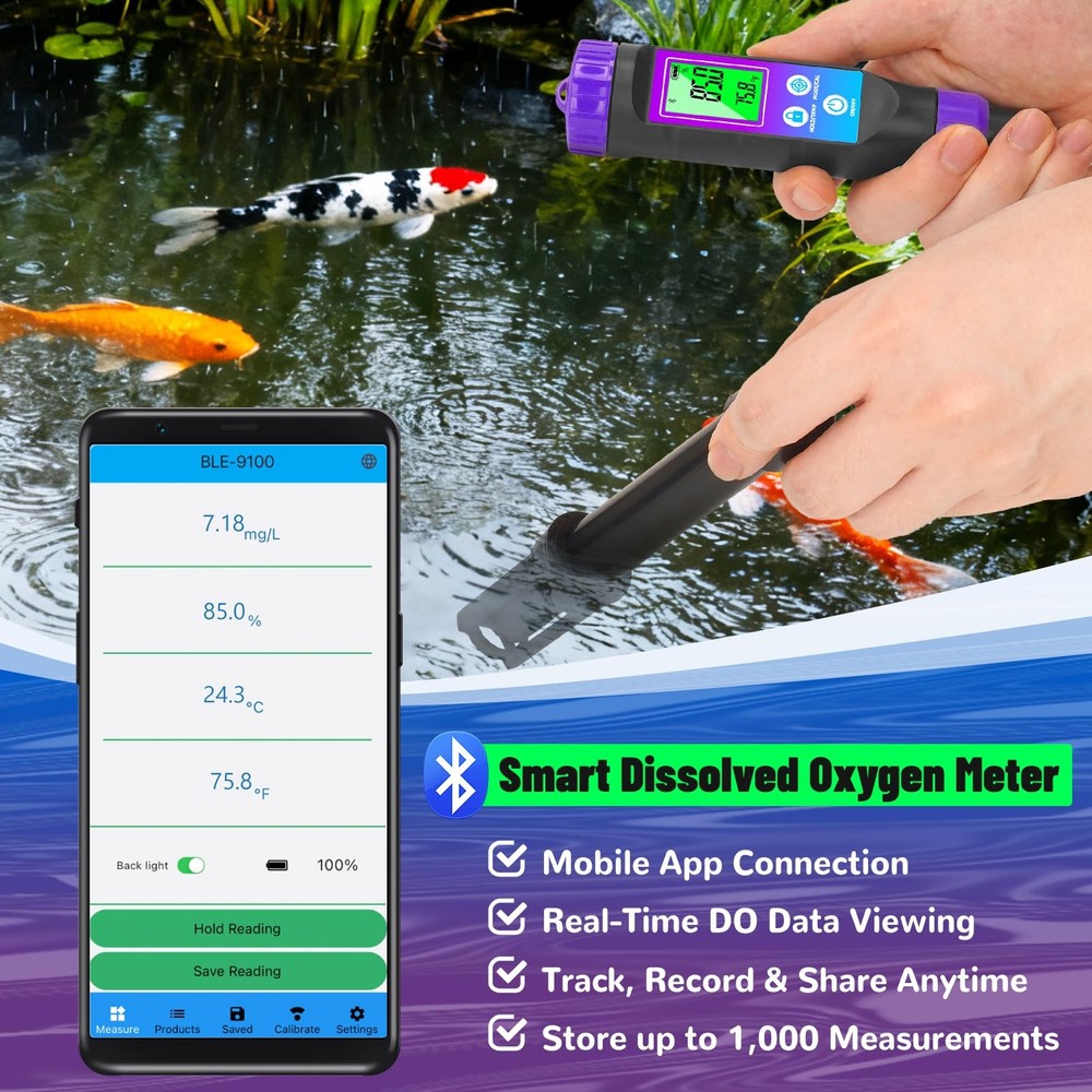 Smart Dissolved Oxygen Meter with 3.6ft Probe Cable, Portable DO Meter with E...
