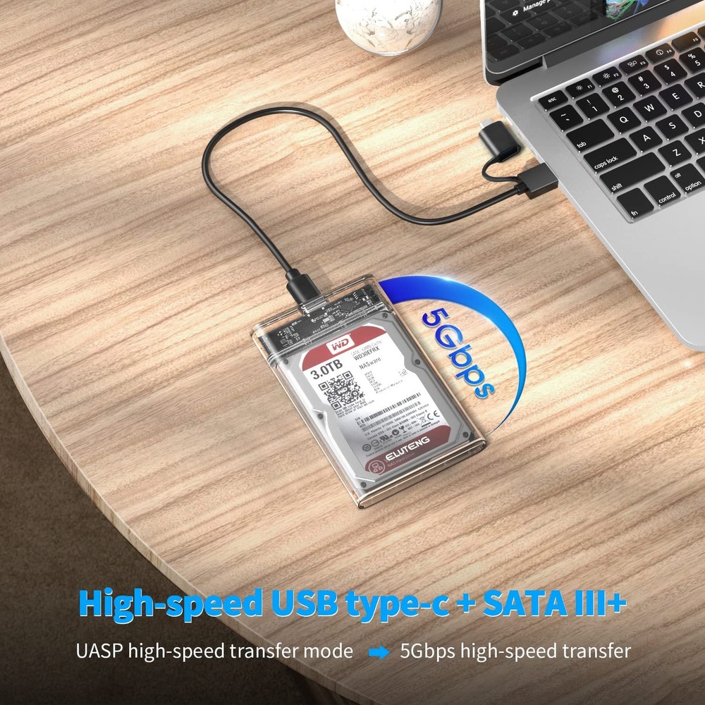 ELUTENG 2.5 SSD Enclosure 5Gbps Hard Drive SATA USB Type C Clear
