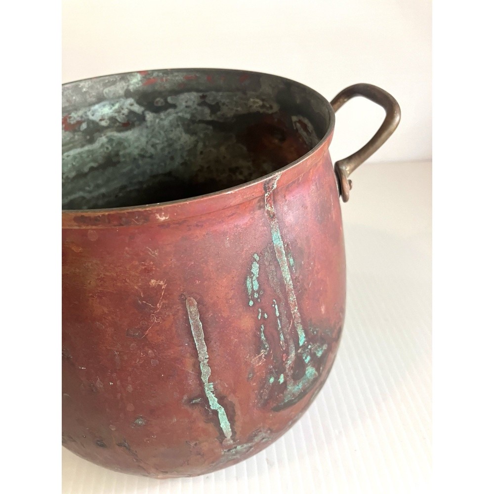 Vintage Copper Cauldron Double Brass Handle Pot Belly Primitive Tagus Kettle