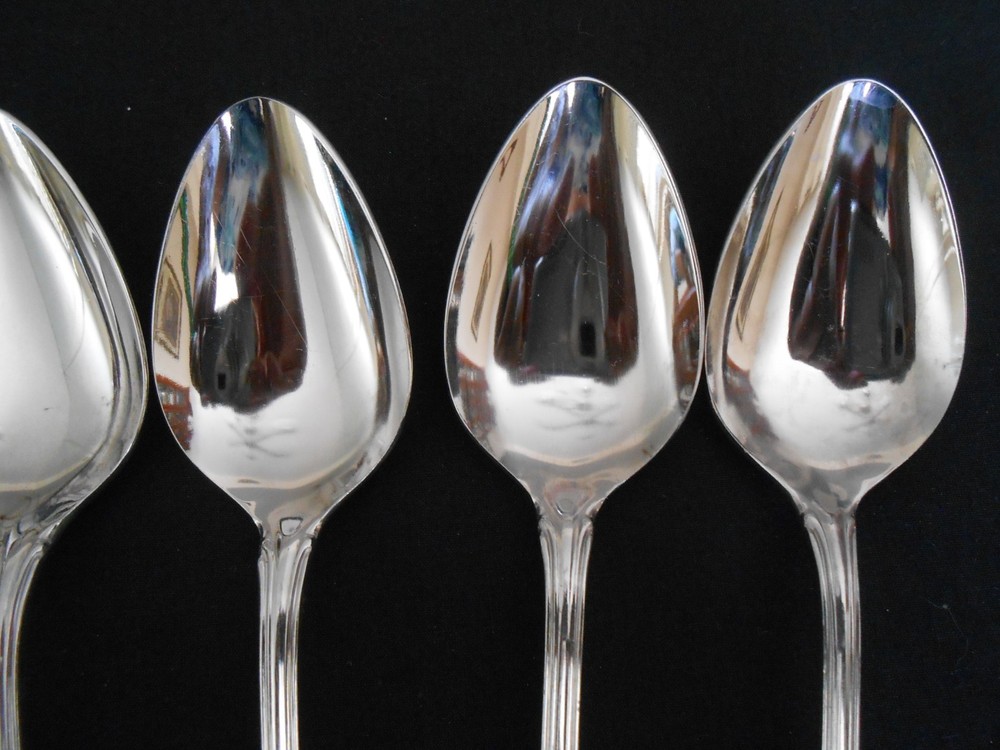 6 STAINLESS FLATWARE SOUP SPOONS 7 3/8" JAPAN UNKNOWN PATTERN LINE SCROLLS