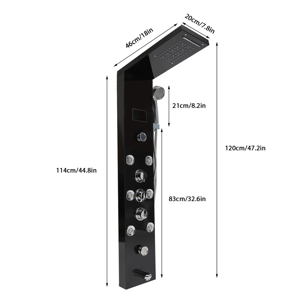 LED Rainfall Head Hand Shower Panel 8Jets Bathrooms Waterfall Jets Faucet System