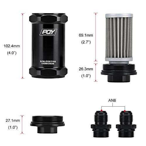 Inline Fuel Filter E85 Ethanol With 100 Micron Stainless steel element AN8 black