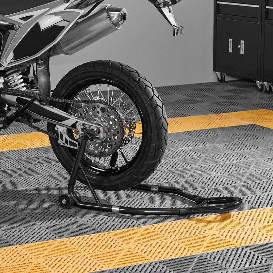 Motorcycle rear wheel bracket, 850 lbs load capacity, black.