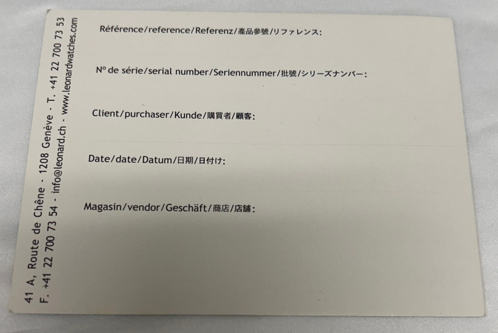 Leonard International Warranty Card