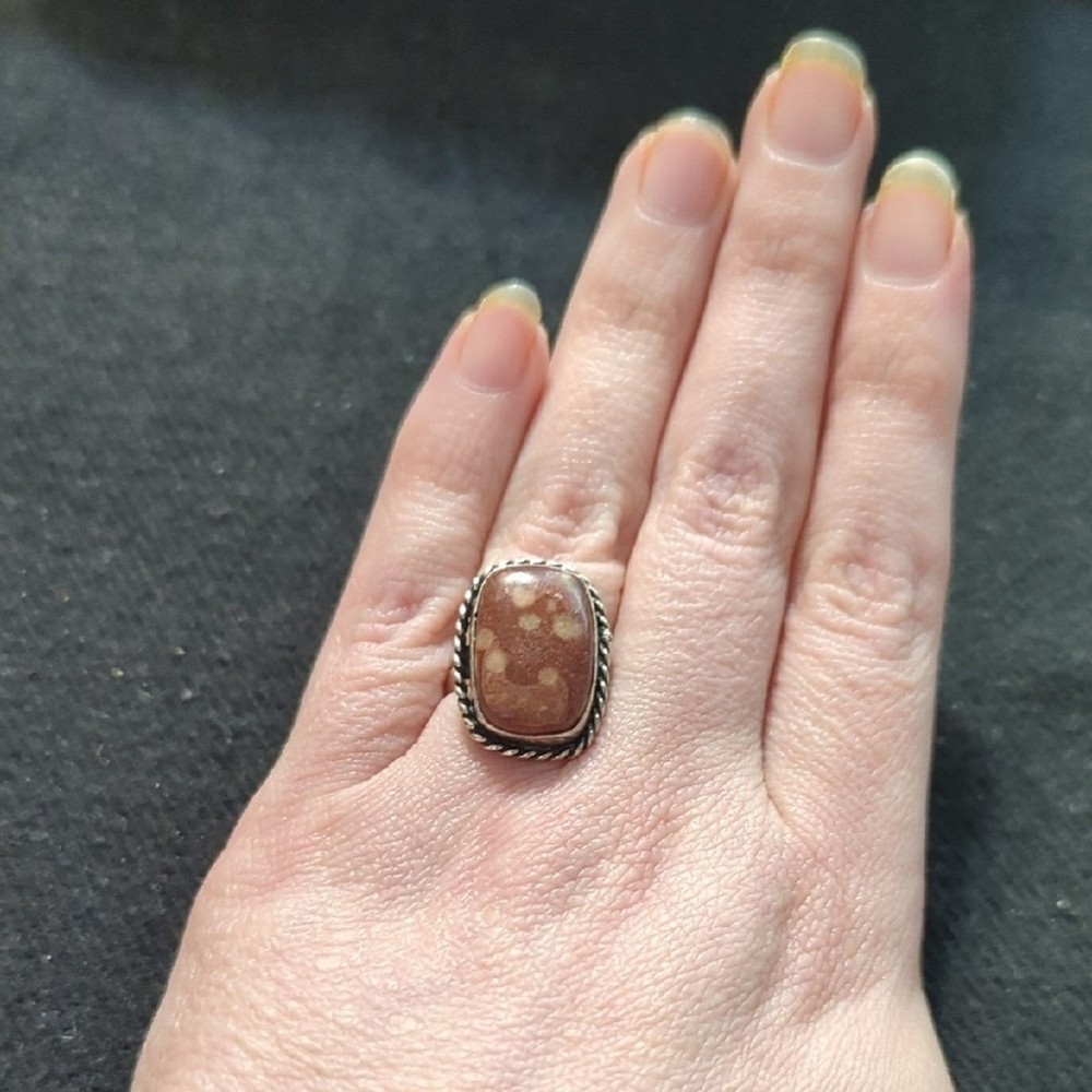 Silver Plated Brown Peanut Jasper Gemstone Rectangular Statement Ring - size 5-7