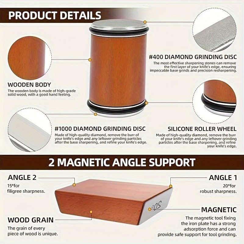 Diamond Rolling Knife Sharpener Set 15° and 20° Magnetic Base Sharpening System