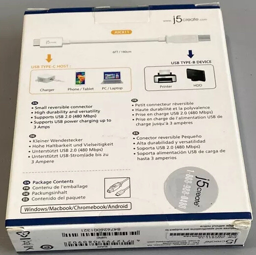 j5create JUCX11 USB2.0 Type-C to Type-B Cable, 6ft