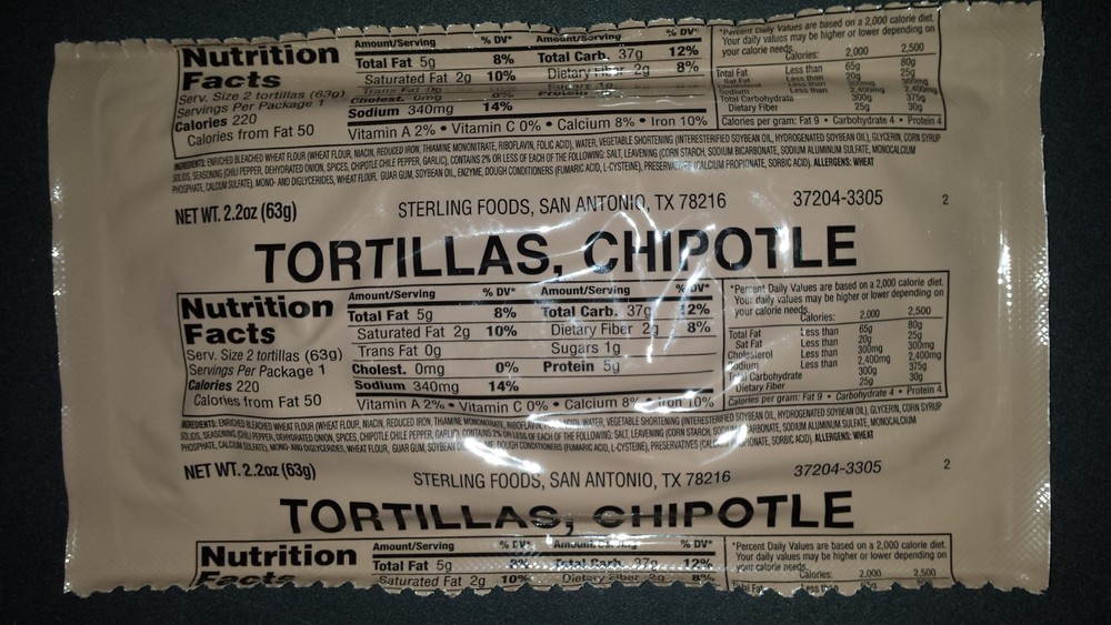 4 Pack MRE Flour Tortilla Side Dish: Plain, Chipotle or Combo / MRE Entrée