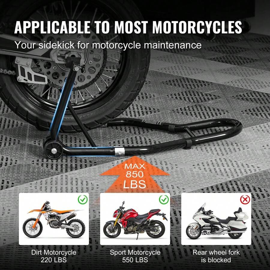 Motorcycle rear wheel bracket, 850 lbs load capacity, black.