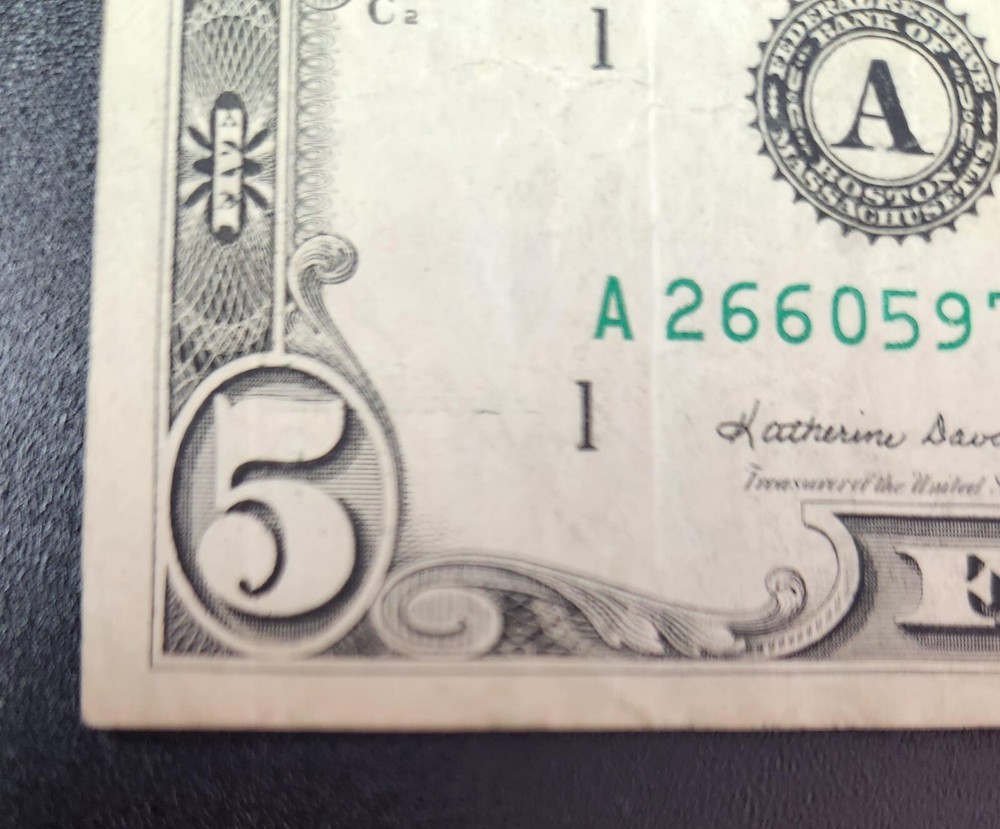 1985 5 dollar bill Miscut ERROR