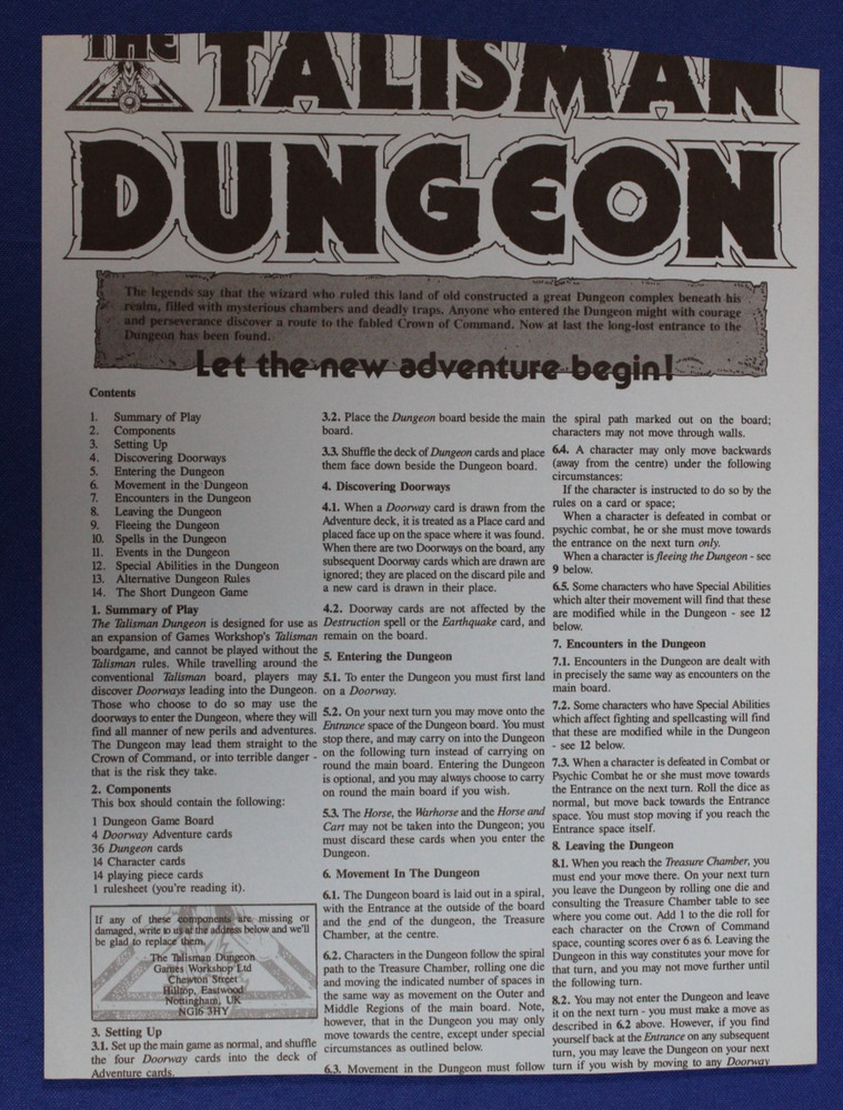 Games Workshop 1987 Talisman Dungeon Board Game Expansion No Box Complete