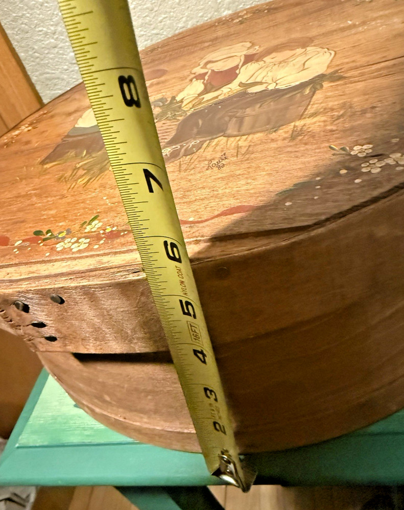 Vintage Large Round Sewing Box Painted Lid Padded Insert