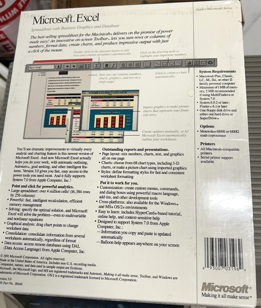 Microsoft EXCEL 3.0 for Mac Software & Manual