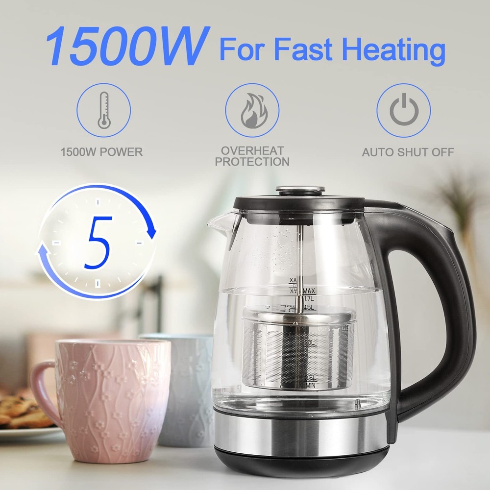 Electric Kettle with Tea Infuser 1.7L Temperature Control Glass 1500W Fast