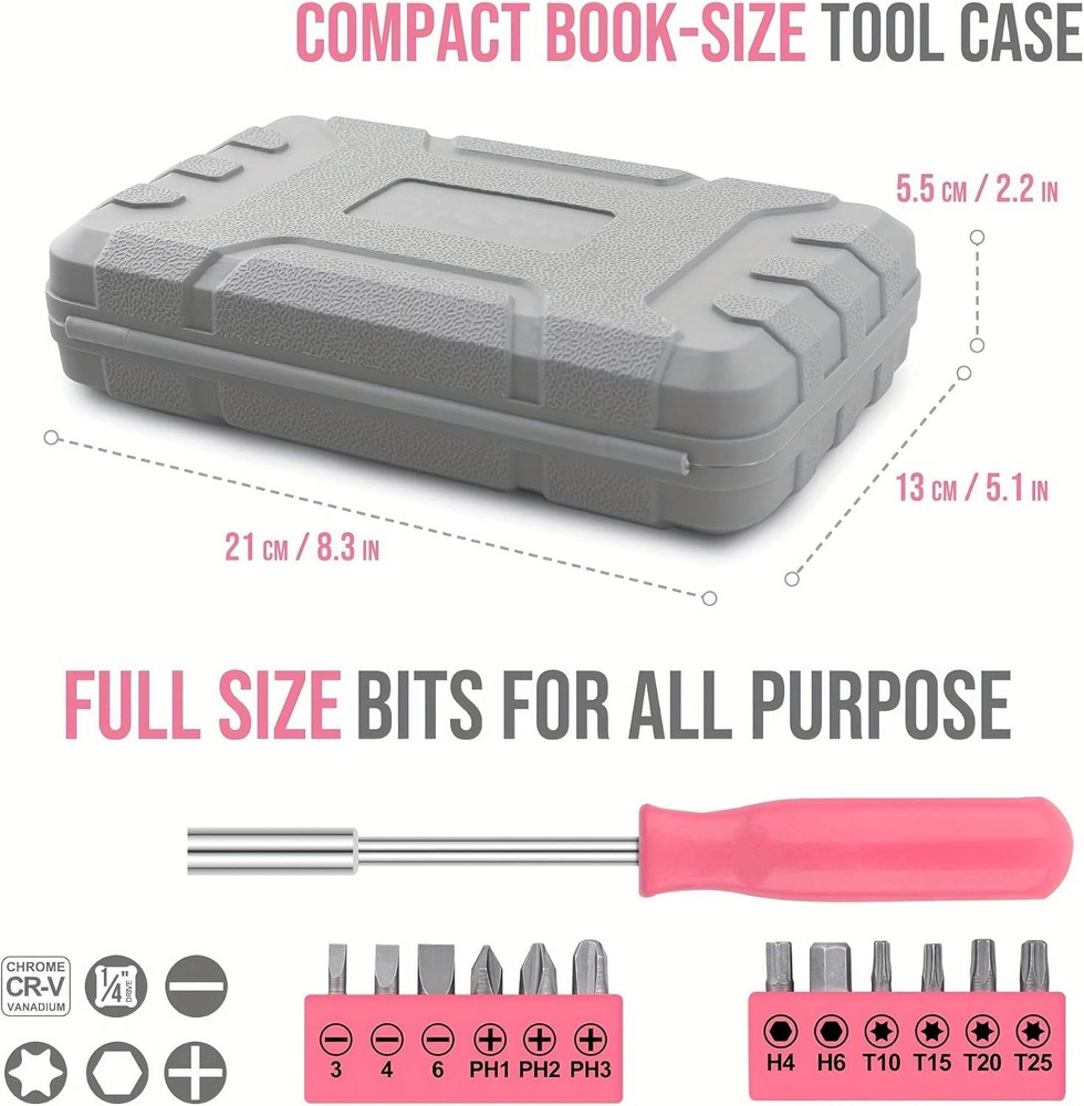 25PCS Pink Household DIY Tool Kit, Small Mini Tool Box Set of Starter Basic Tool
