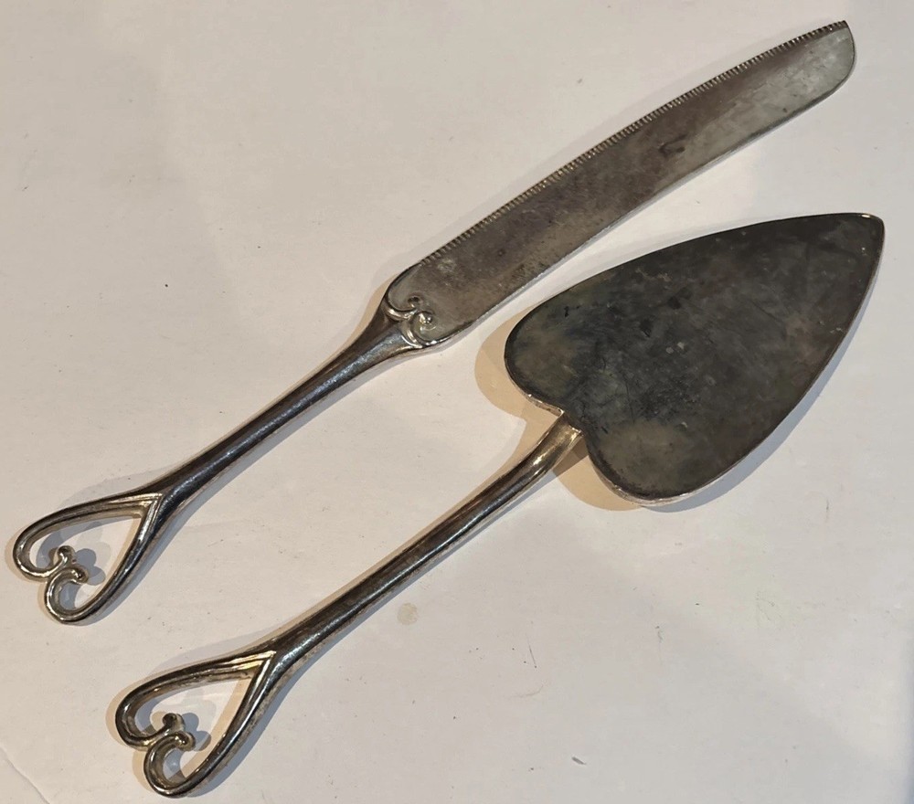 Studio His & Hers Cake Server & Knife Heart Metal Silver Plated Wedding
