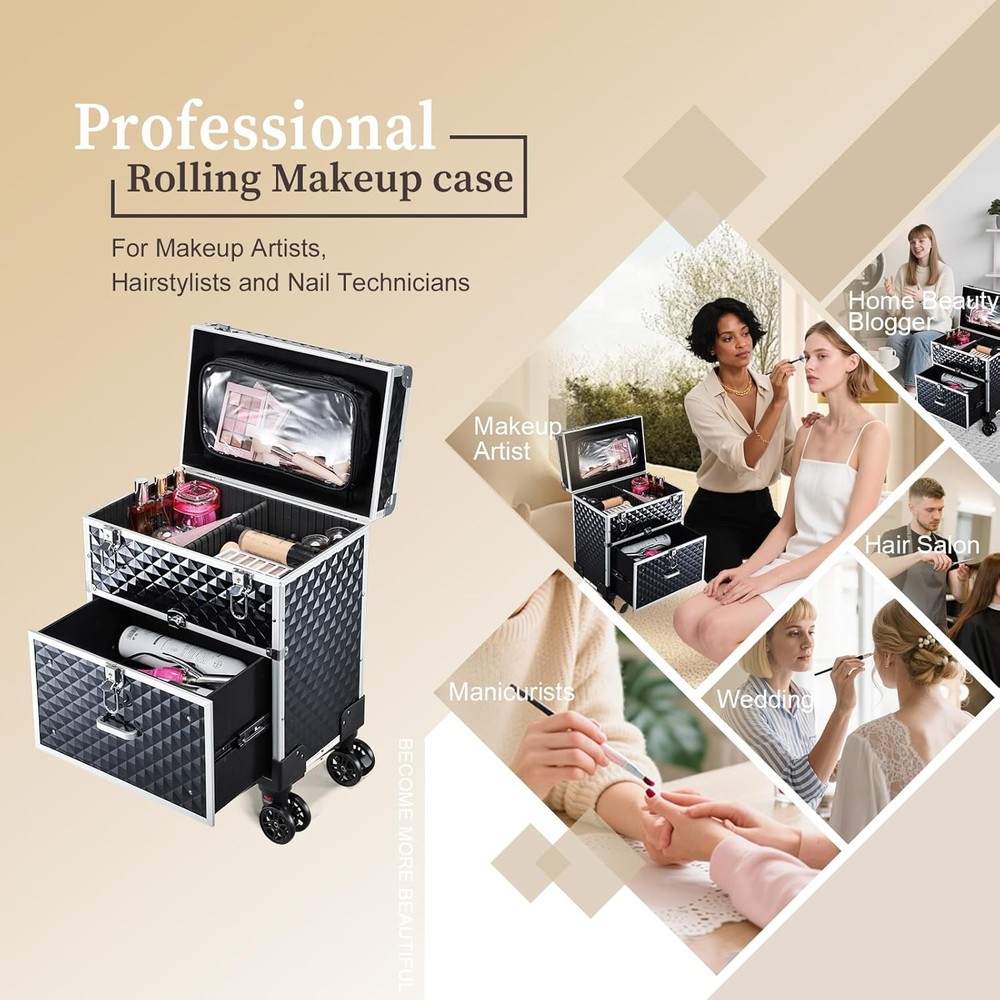 Rolling Makeup Case with Drawer for Makeup Artists Cosmetic Train Case