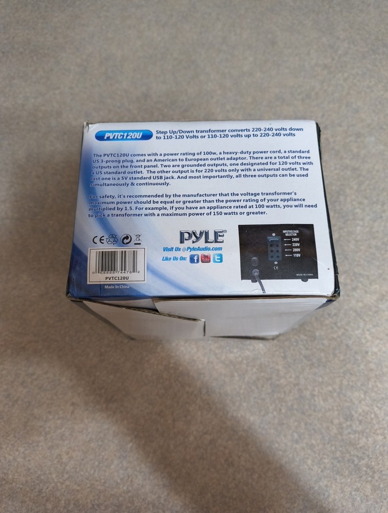 Pyle PVTC120U Step Up & Down Transformer Output USB 5V 110V/220V Input 110-240V
