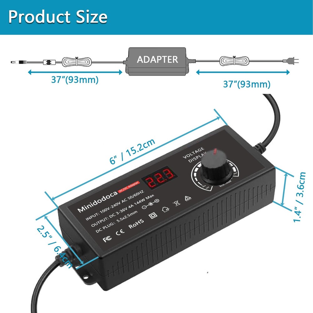144W Power Supply Adjustable DC 3V ~ 36V Variable Universal Switching Black