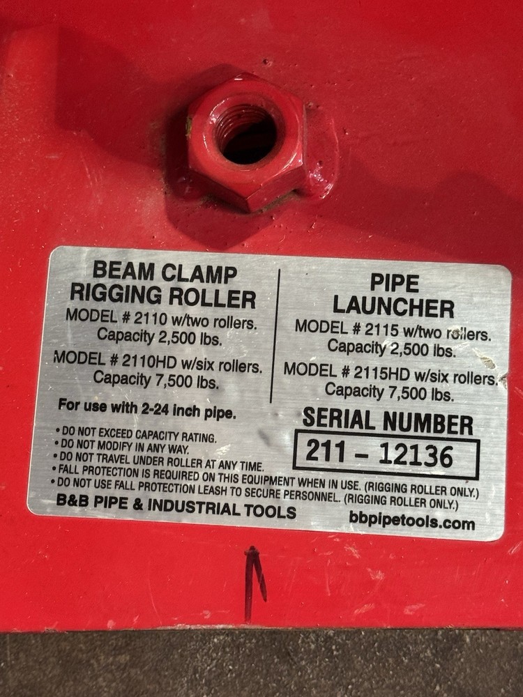 B&B Pipe Tools 2110 2" - 24" Beam Clamp Rigging Roller w/ Fall Protection Leash