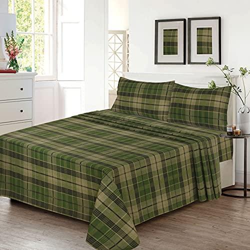 RUVANTI 100% Cotton 4 Pcs Flannel Sheets Green & Grey Plaid Full Sheets , Deep