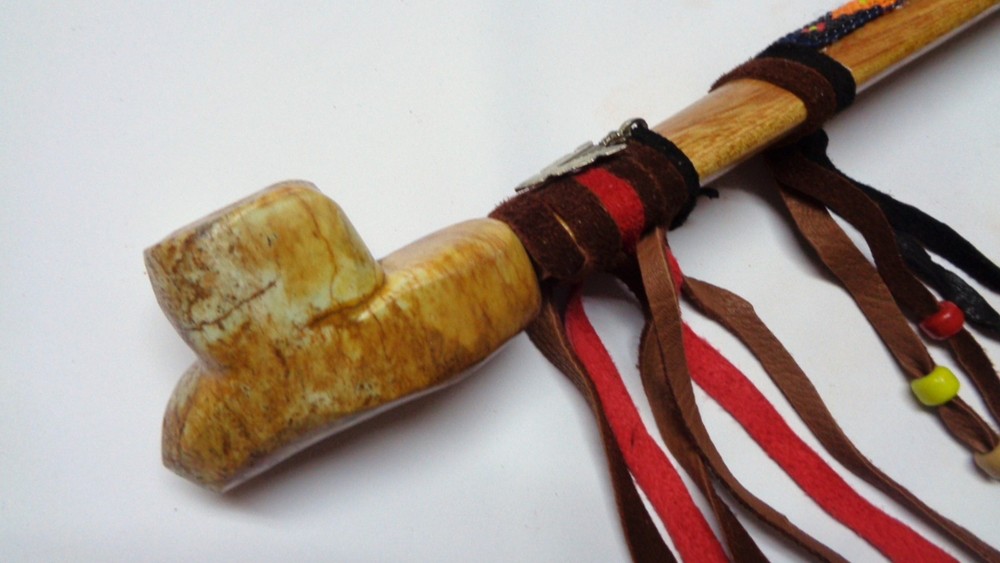 18" Marbled Soapstone Peace Pipe, Apache Arrowhead Spirit Peacepipe