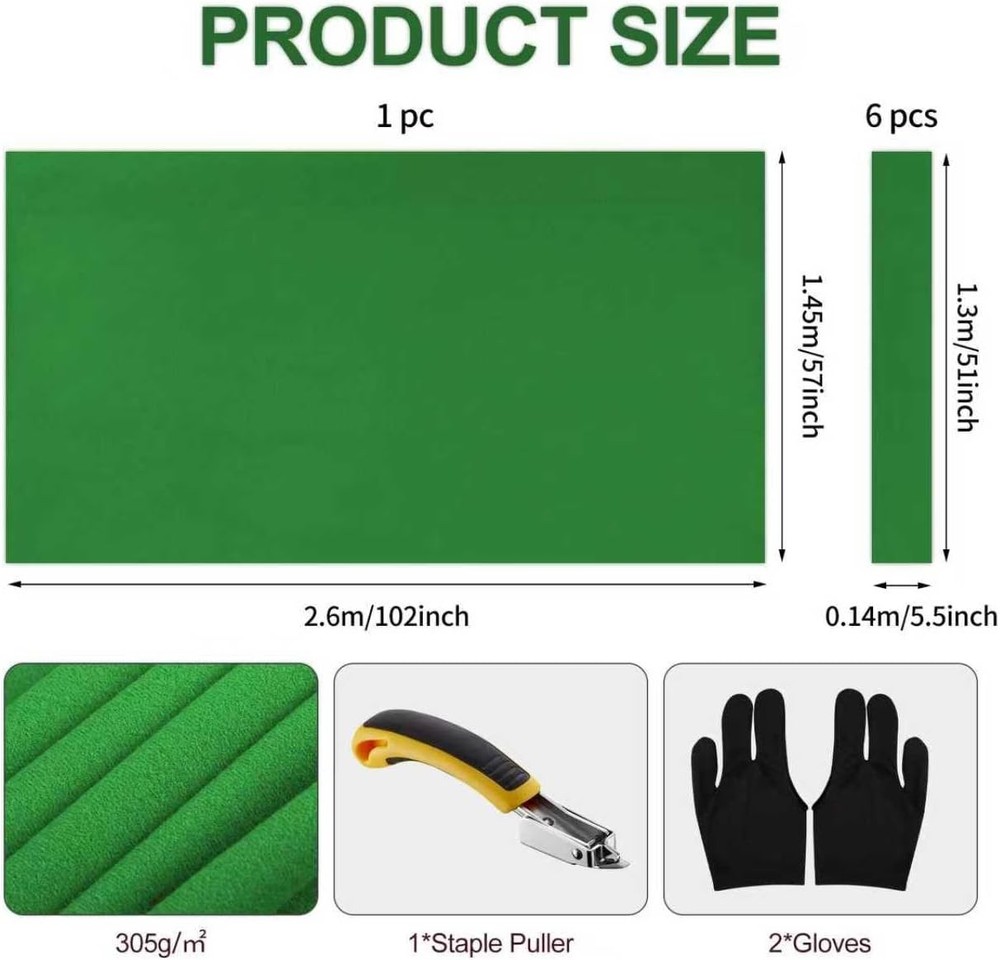 Pre-Cut Pool Table Felt Replacement Kit - 8Ft Billiard Cloth W/Gloves, Strips &
