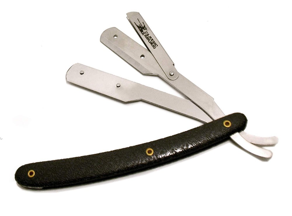 CS Black Pattern Stainless Straight Edge Barber Razor +100 Premium Single Blades
