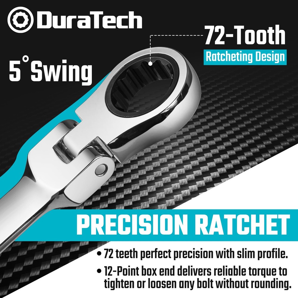 DURATECH Stubby Flex-head Ratcheting Combination Wrench Set, Metric, Silver