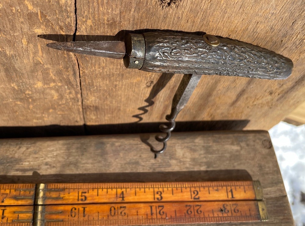 Vintage Primitive Wine Corkscrew ~ Antler Stag Handle  ~ Unique handle tip
