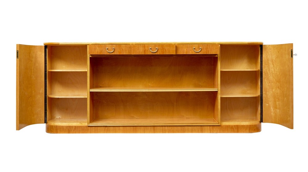 MID CENTURY SHAPED SCANDINAVIAN ELM LOW OPEN BOOKCASE
