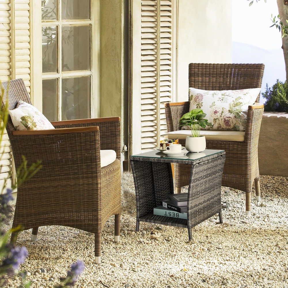 Outdoor Patio Wicker Side Table, Square End Table Bistro Coffee Table